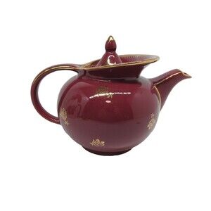 Hall 0693 Windshield Burgundy 6 cup Teapot w/ Gold Roses &Trim Vintage Pristine